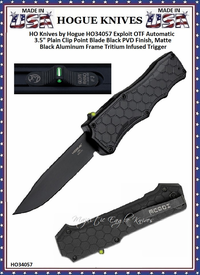 HO Knives by Hogue HO34057 Exploit OTF Automatic: 3.5" Plain Clip Point Blade Black PVD Finish, Matte Black Aluminum Frame Tritium Infused Trigger HO Knives by Hogue HO34057 Exploit OTF Automatic: 3.5" Plain Clip Point Blade Black PVD Finish, Matte Black Aluminum Frame Tritium Infused Trigger