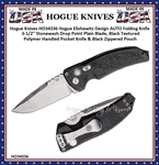Hogue Knives HO34336 Hogue Elishewitz Design AUTO Folding Knife 3-1/2" Stonewash Drop Point Plain Blade, Black Textured Polymer Handled Pocket Knife & Black Zippered Pouch