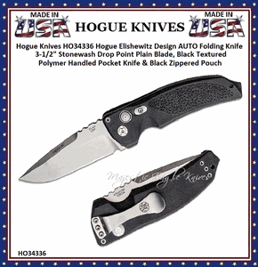 Hogue Knives HO34336 Hogue Elishewitz Design AUTO Folding Knife 3-1/2" Stonewash Drop Point Plain Blade, Black Textured Polymer Handled Pocket Knife & Black Zippered Pouch