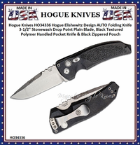 Hogue Knives HO34336 Hogue Elishewitz Design AUTO Folding Knife 3-1/2" Stonewash Drop Point Plain Blade, Black Textured Polymer Handled Pocket Knife & Black Zippered Pouch Hogue Knives HO34336 Hogue Elishewitz Design AUTO Folding Knife 3-1/2" Stonewash Drop Point Plain Blade, Black Textured Polymer Handled Pocket Knife & Black Zippered Pouch