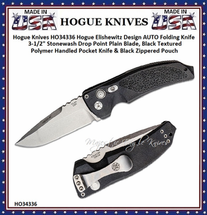 Hogue Knives HO34336 Hogue Elishewitz Design AUTO Folding Knife 3-1/2" Stonewash Drop Point Plain Blade, Black Textured Polymer Handled Pocket Knife & Black Zippered Pouch