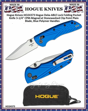 Hogue HO24373 Deka ABLE Lock Folding Knife 3.25" CPM-MagnaCut Stonewashed Clip Point Blade, Blue Polymer Handles, AXIS/Crossbar Lock 