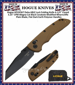 Hogue HO24367 Deka ABLE Lock Folding Pocket Knife 4-1/4" Closed 3-1/ 4" CPM-MagnaCut Black Cerakote Modified Wharncliffe Plain Blade, Flat Dark Earth Polymer Handles 