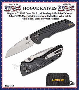 Hogue HO24369 Deka ABLE Lock Folding Knife 4-1/4" Closed 3-1/4" CPM-MagnaCut Stonewashed Modified Wharncliffe Plain Blade, Black Polymer Handles 