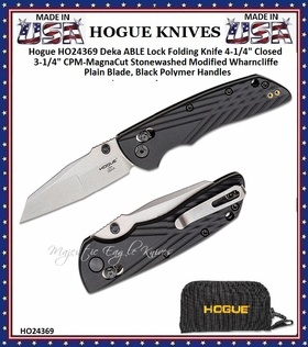 Hogue HO24369 Deka ABLE Lock Folding Knife 4-1/4" Closed 3-1/4" CPM-MagnaCut Stonewashed Modified Wharncliffe Plain Blade, Black Polymer Handles 
