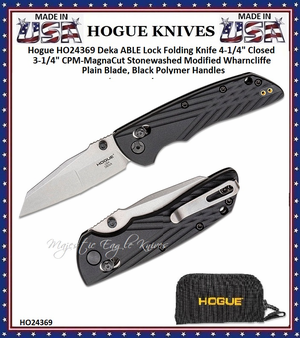 Hogue HO24369 Deka ABLE Lock Folding Knife 4-1/4" Closed 3-1/4" CPM-MagnaCut Stonewashed Modified Wharncliffe Plain Blade, Black Polymer Handles 