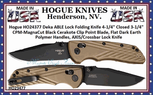 Hogue HO24377 Deka ABLE Lock Folding Knife 4-1/4" Closed 3-1/4" CPM-MagnaCut Black Cerakote Clip Point Blade, Flat Dark Earth Polymer Handles, AXIS/Crossbar Lock Knife