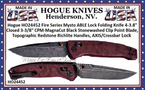 Hogue HO24452 Fire Series Mysto ABLE Lock Folding Knife 4-3.8" Closed 3-3/8" CPM-MagnaCut Black Stonewashed Clip Point Blade, Topographic Redstone Richlite Handles, AXIS/Crossbar Lock 