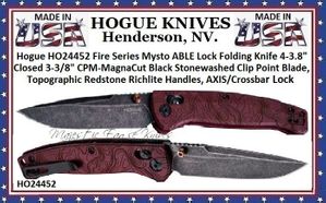Hogue HO24452 Fire Series Mysto ABLE Lock Folding Knife 4-3.8" Closed 3-3/8" CPM-MagnaCut Black Stonewashed Clip Point Blade, Topographic Redstone Richlite Handles, AXIS/Crossbar Lock 