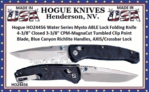 Hogue HO24456 Water Series Mysto ABLE Lock Folding Knife 4-3/8" Closed 3-3/8" CPM-MagnaCut Tumbled Clip Point Blade, Blue Canyon Richlite Handles, AXIS/Crossbar Lock 
