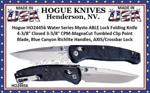 Hogue HO24456 Water Series Mysto ABLE Lock Folding Knife 4-3/8" Closed 3-3/8" CPM-MagnaCut Tumbled Clip Point Blade, Blue Canyon Richlite Handles, AXIS/Crossbar Lock 