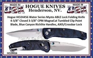 Hogue HO24456 Water Series Mysto ABLE Lock Folding Knife 4-3/8" Closed 3-3/8" CPM-MagnaCut Tumbled Clip Point Blade, Blue Canyon Richlite Handles, AXIS/Crossbar Lock 