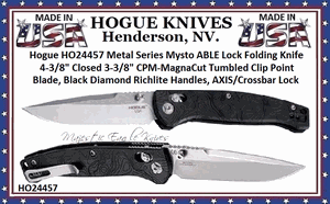 Hogue HO24457 Metal Series Mysto ABLE Lock Folding Knife 4-3/8" Closed 3-3/8" CPM-MagnaCut Tumbled Clip Point Blade, Black Diamond Richlite Handles, AXIS/Crossbar Lock 