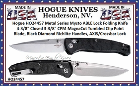 Hogue HO24457 Metal Series Mysto ABLE Lock Folding Knife 4-3/8" Closed 3-3/8" CPM-MagnaCut Tumbled Clip Point Blade, Black Diamond Richlite Handles, AXIS/Crossbar Lock 