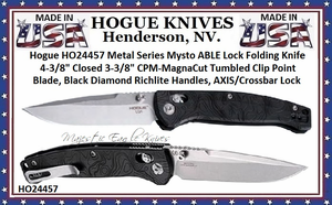 Hogue HO24457 Metal Series Mysto ABLE Lock Folding Knife 4-3/8" Closed 3-3/8" CPM-MagnaCut Tumbled Clip Point Blade, Black Diamond Richlite Handles, AXIS/Crossbar Lock 