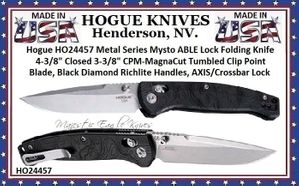 Hogue HO24457 Metal Series Mysto ABLE Lock Folding Knife 4-3/8" Closed 3-3/8" CPM-MagnaCut Tumbled Clip Point Blade, Black Diamond Richlite Handles, AXIS/Crossbar Lock 