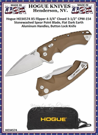 Hogue HO34574 X5 Flipper 4-3/4" Closed 3-1/2" CPM-154 Stonewashed Spear Point Blade, Flat Dark Earth Aluminum Handles, Button Lock Knife Hogue HO34574 X5 Flipper 4-3/4" Closed 3-1/2" CPM-154 Stonewashed Spear Point Blade, Flat Dark Earth Aluminum Handles, Button Lock Knife