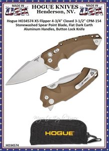 Hogue HO34574 X5 Flipper 4-3/4" Closed 3-1/2" CPM-154 Stonewashed Spear Point Blade, Flat Dark Earth Aluminum Handles, Button Lock Knife
