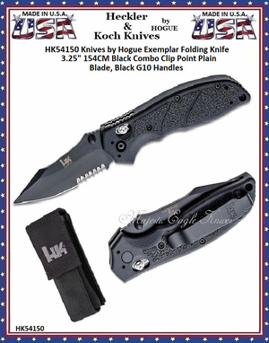 Hogue Knives HK54150 Heckler & Koch Exemplar 3.1/4" 154CM Black Combo Clip Point Blade Dual, Thumb Studs w/Pivot Lock, Textured Black G10 Handled Folder Pocket Knife 
