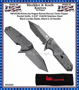 Hogue Knives HK54200 Knives by Hogue Karma Rescue Tanto Flipper Pocket Knife, 3-3/4" 154CM Stainless Steel Black Combo Blade, Black G-10 Handle