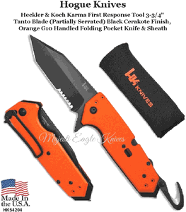  Hogue Knives HK54204 Heckler & Koch Karma First Response Tool: 3-3/4" Tanto Blade (Partially Serrated) Black Cerakote Finish, Orange G10 Handled Folding Pocket Knife 