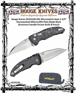 Hogue Knives HO24100 Hogue A01 Microswitch Automatic 2.625" Stonewash Wharncliffe Plain Blade Black Aluminum Handled Knife & Pouch
