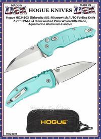Hogue Knives HO24103 Hogue A01 Microswitch Automatic 2.625" Stonewash Wharncliffe Plain Blade Aqua Blue Anodized Aluminum Handled Knife & Pouch Hogue Knives HO24103 Hogue A01 Microswitch Automatic 2.625" Stonewash Wharncliffe Plain Blade Aqua Blue Anodized Aluminum Handled Knife & Pouch