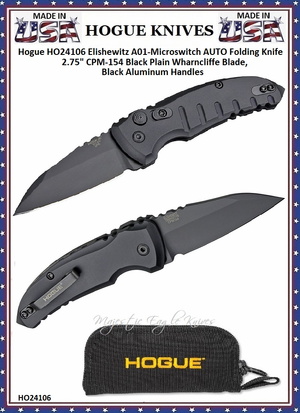 Hogue Knives HO24106 Hogue A01 Microswitch Automatic 2-3/4" Black Wharncliffe Plain Blade Black Aluminum Handled Knife & Pouch Hogue Knives HO24106 Hogue A01 Microswitch Automatic 2-3/4" Black Wharncliffe Plain Blade Black Aluminum Handled Knife & Pouch