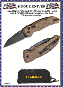 Hogue Knives HO24107 Hogue A01 Microswitch Automatic 2-1/2" Black Wharncliffe Plain Blade Black Aluminum Handled Knife & Pouch