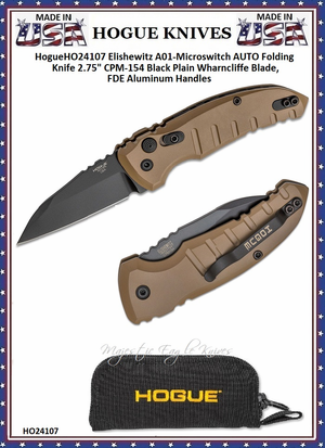 Hogue Knives HO24107 Hogue A01 Microswitch Automatic 2-1/2" Black Wharncliffe Plain Blade Black Aluminum Handled Knife & Pouch