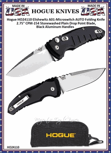 Hogue Knives HO24110 Hogue Elishewitz A01-Microswitch AUTO 2-3/4" 154CM Stonewashed Plain Drop Point Blade, Black Aluminum Handled Knife & Pouch