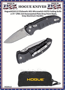 Hogue Knives HO24112 Hogue Elishewitz A01-Microswitch AUTO Folding Knife 2-3/4" 154CM Stonewashed Plain Drop Point Blade, Gray Aluminum Handled Pocket Knife & Pouch