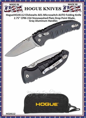 Hogue Knives HO24112 Hogue Elishewitz A01-Microswitch AUTO Folding Knife 2-3/4" 154CM Stonewashed Plain Drop Point Blade, Gray Aluminum Handled Pocket Knife & Pouch