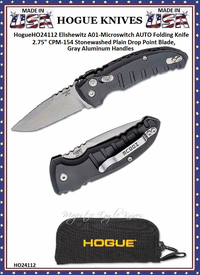 Hogue Knives HO24112 Hogue Elishewitz A01-Microswitch AUTO Folding Knife 2-3/4" 154CM Stonewashed Plain Drop Point Blade, Gray Aluminum Handled Pocket Knife & Pouch Hogue Knives HO24112 Hogue Elishewitz A01-Microswitch AUTO Folding Knife 2-3/4" 154CM Stonewashed Plain Drop Point Blade, Gray Aluminum Handled Pocket Knife & Pouch