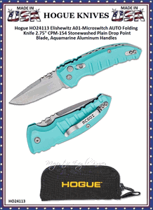 Hogue Knives HO24113 Hogue Elishewitz A01-Microswitch AUTO 2-3/4 154CM Stonewashed Plain Drop Point Blade, Aquamarine Aluminum Handled Knife & Pouch