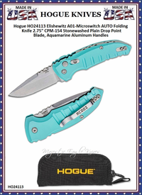 Hogue Knives HO24113 Hogue Elishewitz A01-Microswitch AUTO 2-3/4 154CM Stonewashed Plain Drop Point Blade, Aquamarine Aluminum Handled Knife & Pouch Hogue Knives HO24113 Hogue Elishewitz A01-Microswitch AUTO 2-3/4 154CM Stonewashed Plain Drop Point Blade, Aquamarine Aluminum Handled Knife & Pouch