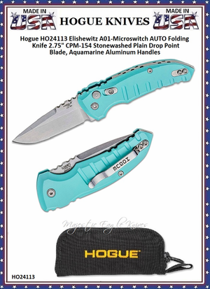 Hogue Knives HO24113 Hogue Elishewitz A01-Microswitch AUTO 2-3/4 154CM Stonewashed Plain Drop Point Blade, Aquamarine Aluminum Handled Knife & Pouch Hogue Knives HO24113 Hogue Elishewitz A01-Microswitch AUTO 2-3/4 154CM Stonewashed Plain Drop Point Blade, Aquamarine Aluminum Handled Knife & Pouch