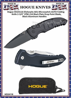Hogue Knives HO24116 Elishewitz A01-Microswitch AUTO Folding Pocket Knife 2.75" CPM-154 Black Plain Drop Point Blade, Black Aluminum Handles Hogue Knives HO24116 Elishewitz A01-Microswitch AUTO Folding Pocket Knife 2.75" CPM-154 Black Plain Drop Point Blade, Black Aluminum Handles