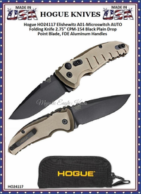 Hogue Knives HO24117 Hogue Elishewitz A01-Microswitch AUTO Folding Knife 2-3/4" 154CM Black Plain Drop Point Blade, FDE Aluminum Handles Hogue Knives HO24117 Hogue Elishewitz A01-Microswitch AUTO Folding Knife 2-3/4" 154CM Black Plain Drop Point Blade, FDE Aluminum Handles