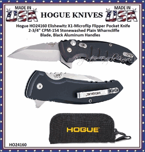 Hogue Knives HO24160 Elishewitz X1-Microflip Flipper Pocket Knife 2-3/4" CPM-154 Stonewashed Plain Wharncliffe Blade, Black Aluminum Handles 