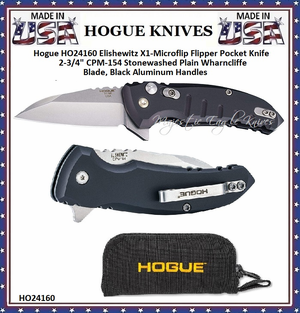 Hogue Knives HO24160 Elishewitz X1-Microflip Flipper Pocket Knife 2-3/4" CPM-154 Stonewashed Plain Wharncliffe Blade, Black Aluminum Handles 