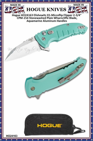 Hogue Knives HO24163 Elishewitz X1-Microflip Flipper Pocket Knife 2.75" CPM-154 Stonewashed Plain Wharncliffe Blade, Aquamarine Aluminum Handles 