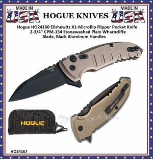 Hogue Knives HO24167 Elishewitz X1-Microflip Flipper Pocket Knife 2.75" CPM-154 Black Plain Wharncliffe Blade, FDE Aluminum Handles 