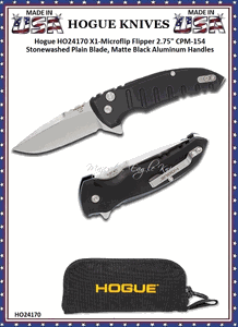 Hogue Knives HO24170 Hogue X1-Microflip Flipper 2-3/4" CPM-154 Stonewashed Plain Blade, Matte Black Aluminum Handled Pocket Knife & Pouch