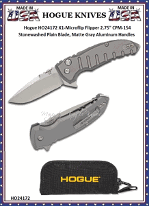 Hogue Knives HO24172 Hogue X1-Microflip Flipper 2-3/4" CPM-154 Stonewashed Plain Blade, Matte Gray Aluminum Handled Pocket Knife & Pouch