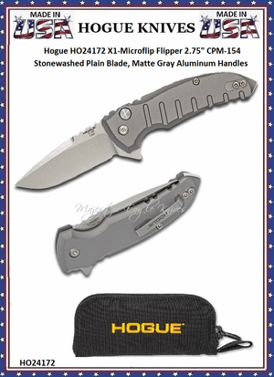 Hogue Knives HO24172 Hogue X1-Microflip Flipper 2-3/4" CPM-154 Stonewashed Plain Blade, Matte Gray Aluminum Handled Pocket Knife & Pouch Hogue Knives HO24172 Hogue X1-Microflip Flipper 2-3/4" CPM-154 Stonewashed Plain Blade, Matte Gray Aluminum Handled Pocket Knife & Pouch