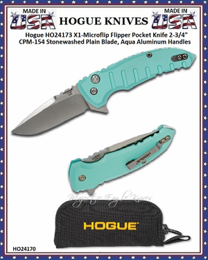 Hogue Knives HO24173 Hogue X1-Microflip Flipper 2-3/4" CPM-154 Stonewashed Blade, Aqua Aluminum Handled Pocket Knife & Pouch Hogue Knives HO24173 Hogue X1-Microflip Flipper 2-3/4" CPM-154 Stonewashed Blade, Aqua Aluminum Handled Pocket Knife & Pouch