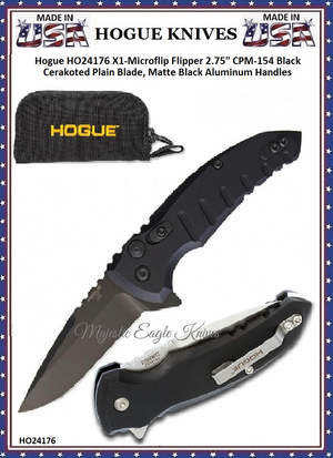 Hogue Knives HO24176 Hogue X1-Microflip Flipper 2-3/4" CPM-154 Black Cerakote Blade, Black Aluminum Handled Pocket Knife & Pouch Hogue Knives HO24176 Hogue X1-Microflip Flipper 2-3/4" CPM-154 Black Cerakote Blade, Black Aluminum Handled Pocket Knife & Pouch