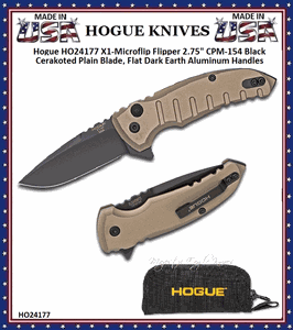 Hogue Knives HO24177 Hogue X1-Microflip Flipper 2-3/4" CPM-154 Black Cerakoted Blade, Flat Dark Earth Aluminum Handled Pocket Knife & Pouch