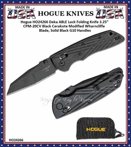 Hogue Knives HO24266 Hogue Deka ABLE Lock Folding Knife 3.25" CPM-20CV Black Cerakote Modified Wharncliffe Blade, Solid Black G10 Handles 